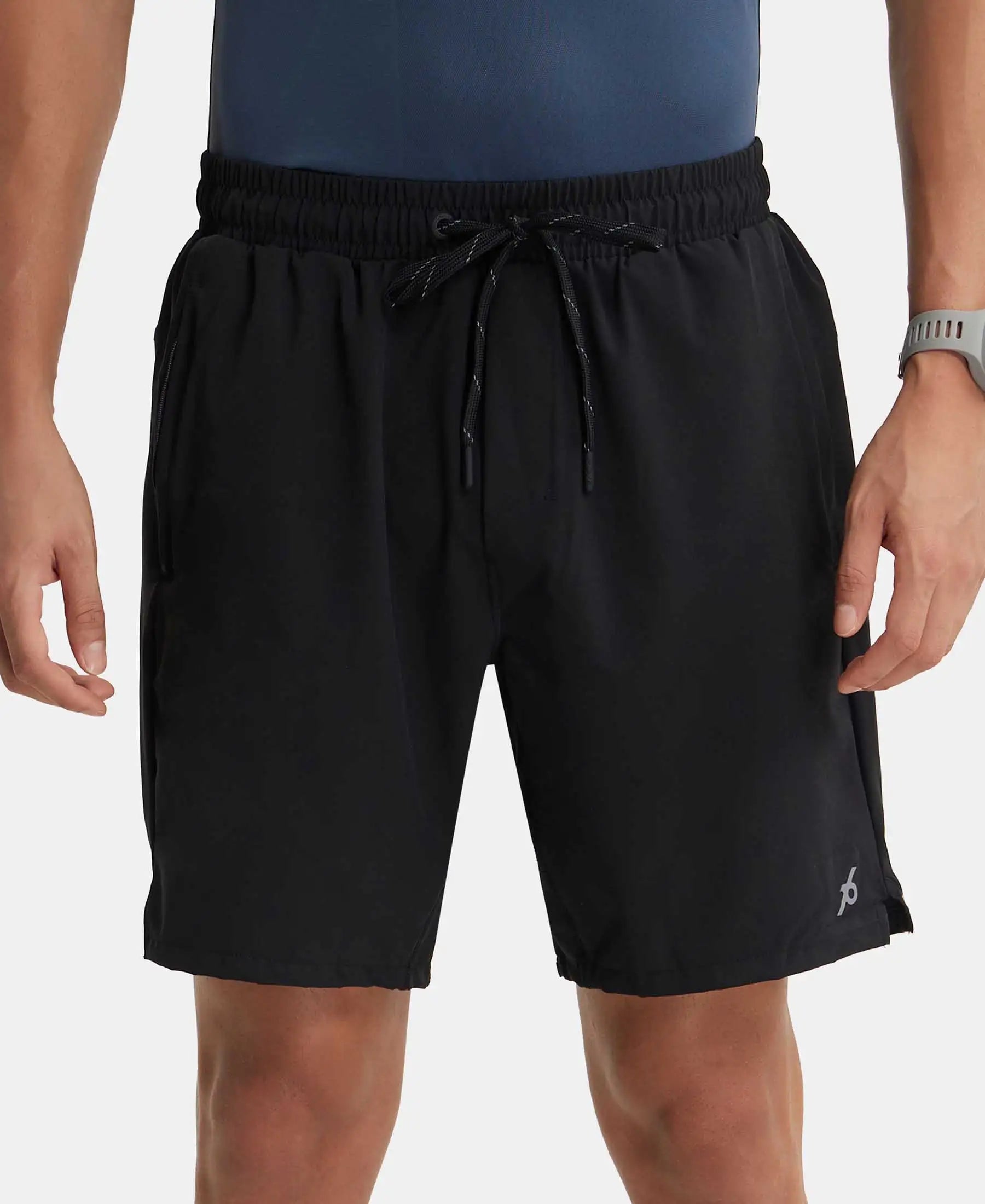 Buy Recycled Microfiber Elastane Stretch Solid Shorts with Zipper Pocket and StayFresh Treatment Black MV20 Jockey India