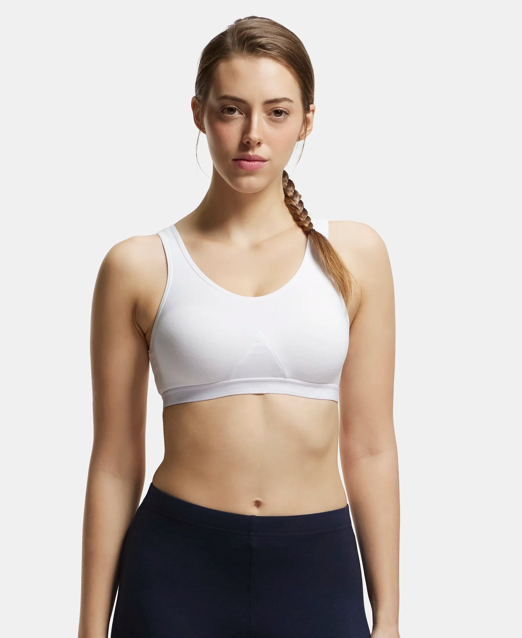 Wirefree Non Padded Super Combed Cotton Elastane Stretch Full Coverage  Slip-On Active Bra with Wider Straps and Moisture Move Treatment - White