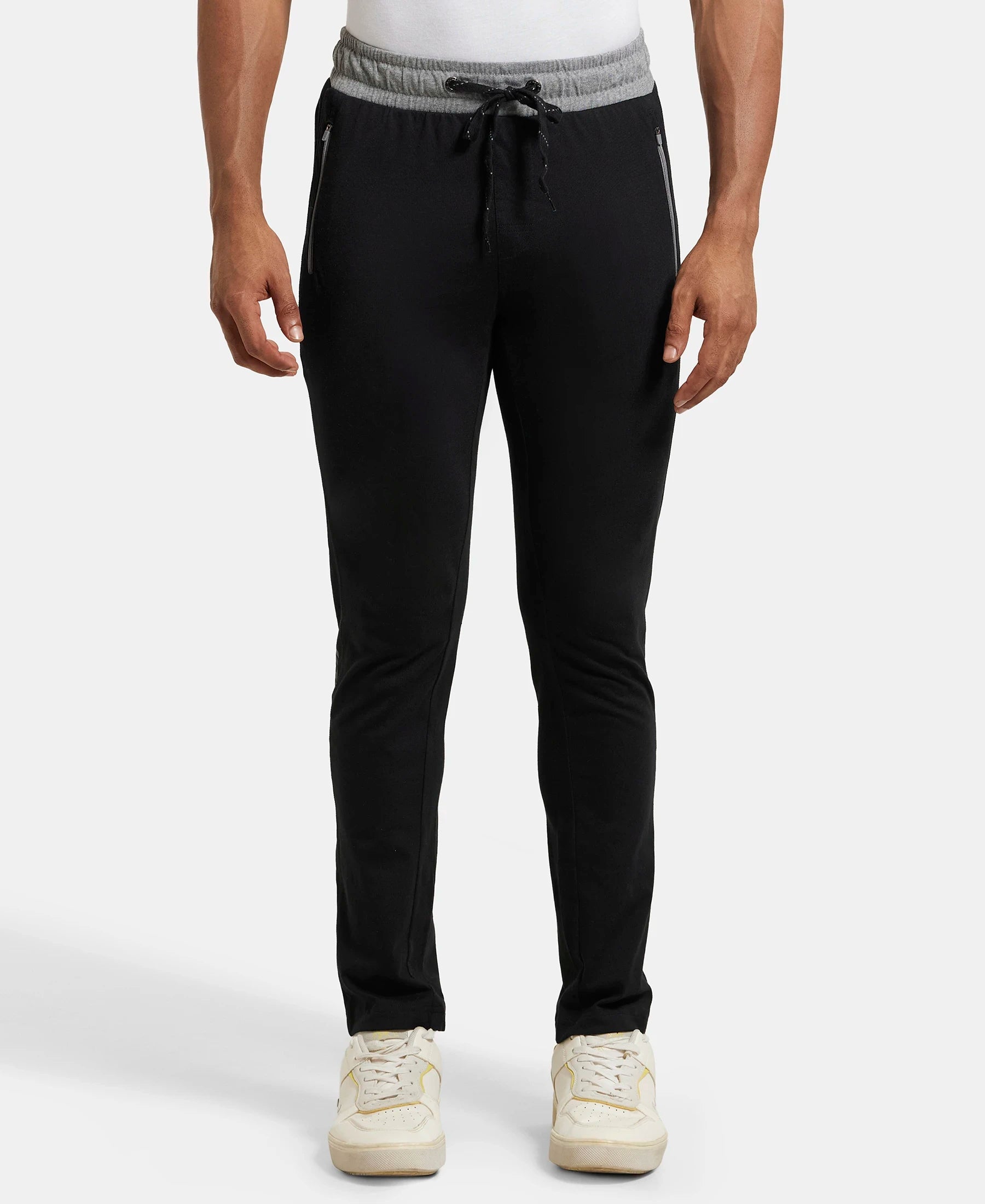 Buy Super Combed Cotton Rich Slim Fit Trackpant with Side Zipper Pockets -  Black & Grey Melange 9510