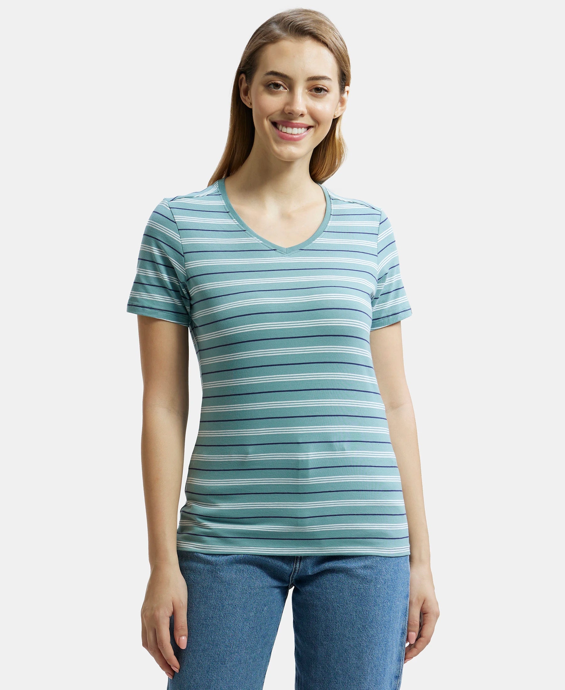 Super Combed Cotton Elastane Stretch Regular Fit Yarn Dyed Striped V Neck  Half Sleeve T-Shirt - Old cloud Green