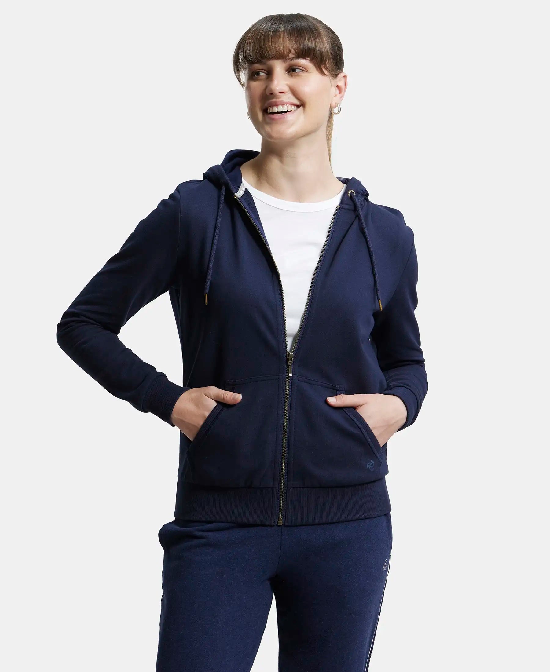 Women's Super Combed Cotton French Terry Fabric Hoodie Jacket with Side  Pockets - Navy Blazer