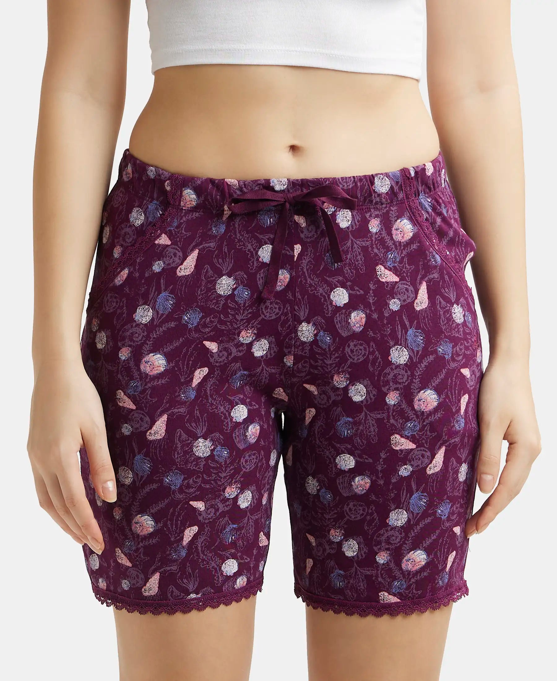 Women's Micro Modal Cotton Relaxed Fit Printed Shorts with Lace Trim Styled  Side Pockets - Infinity Blue Assorted Prints