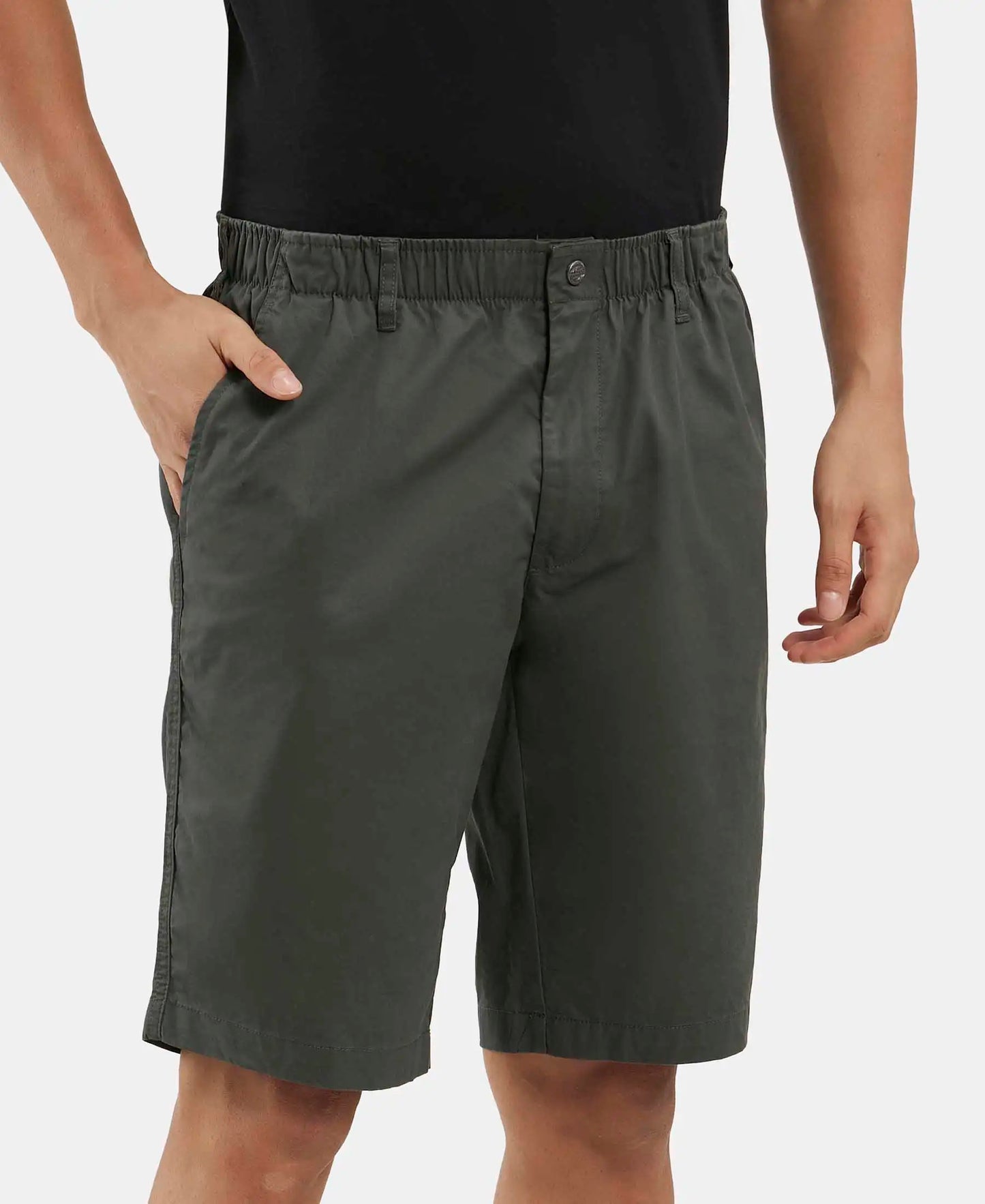 Super Combed Mercerised Cotton Woven Straight Fit Shorts with Side Pockets - Forest Green-2