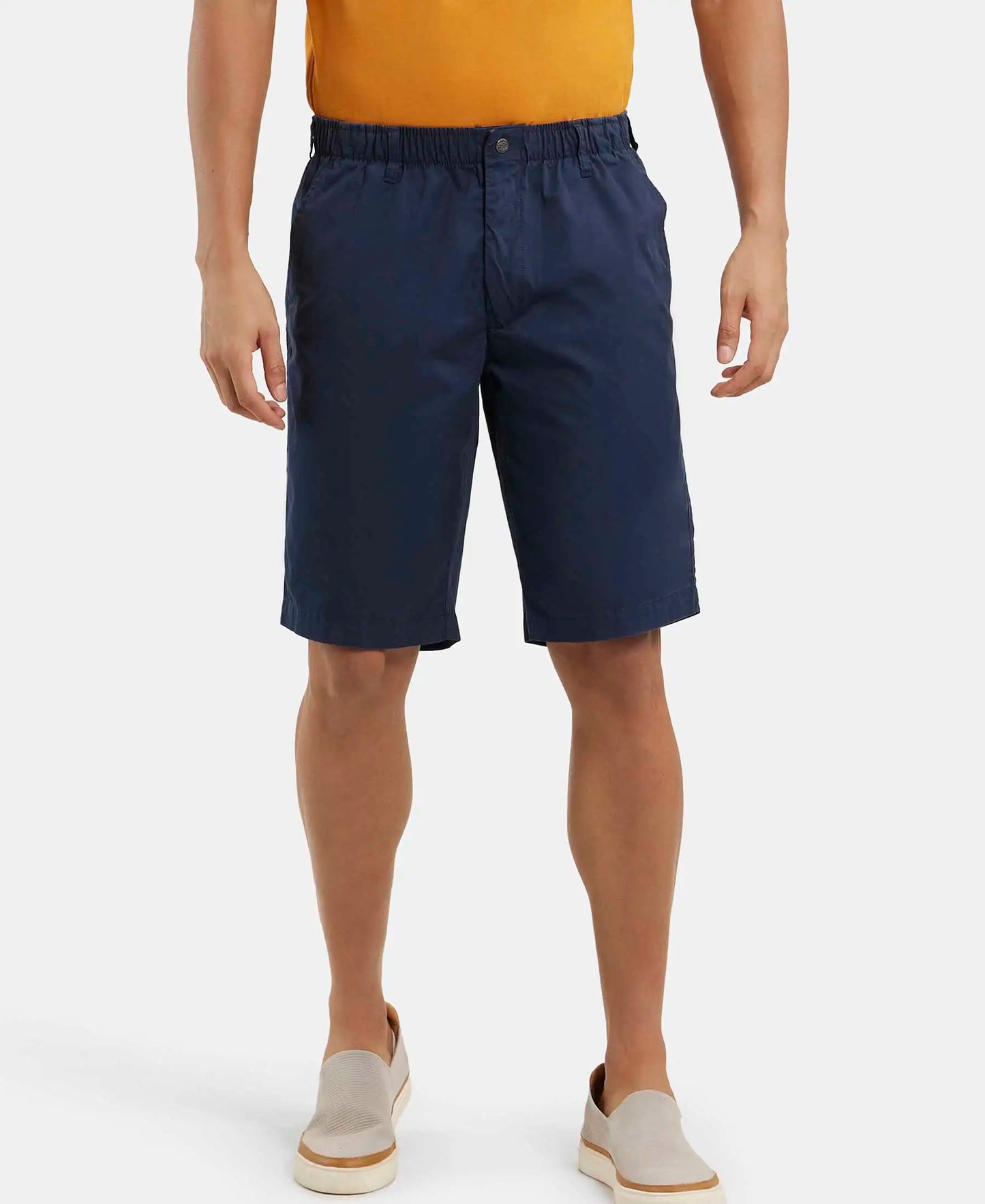 Super Combed Mercerised Cotton Woven Straight Fit Shorts with Side Pockets - Navy-5