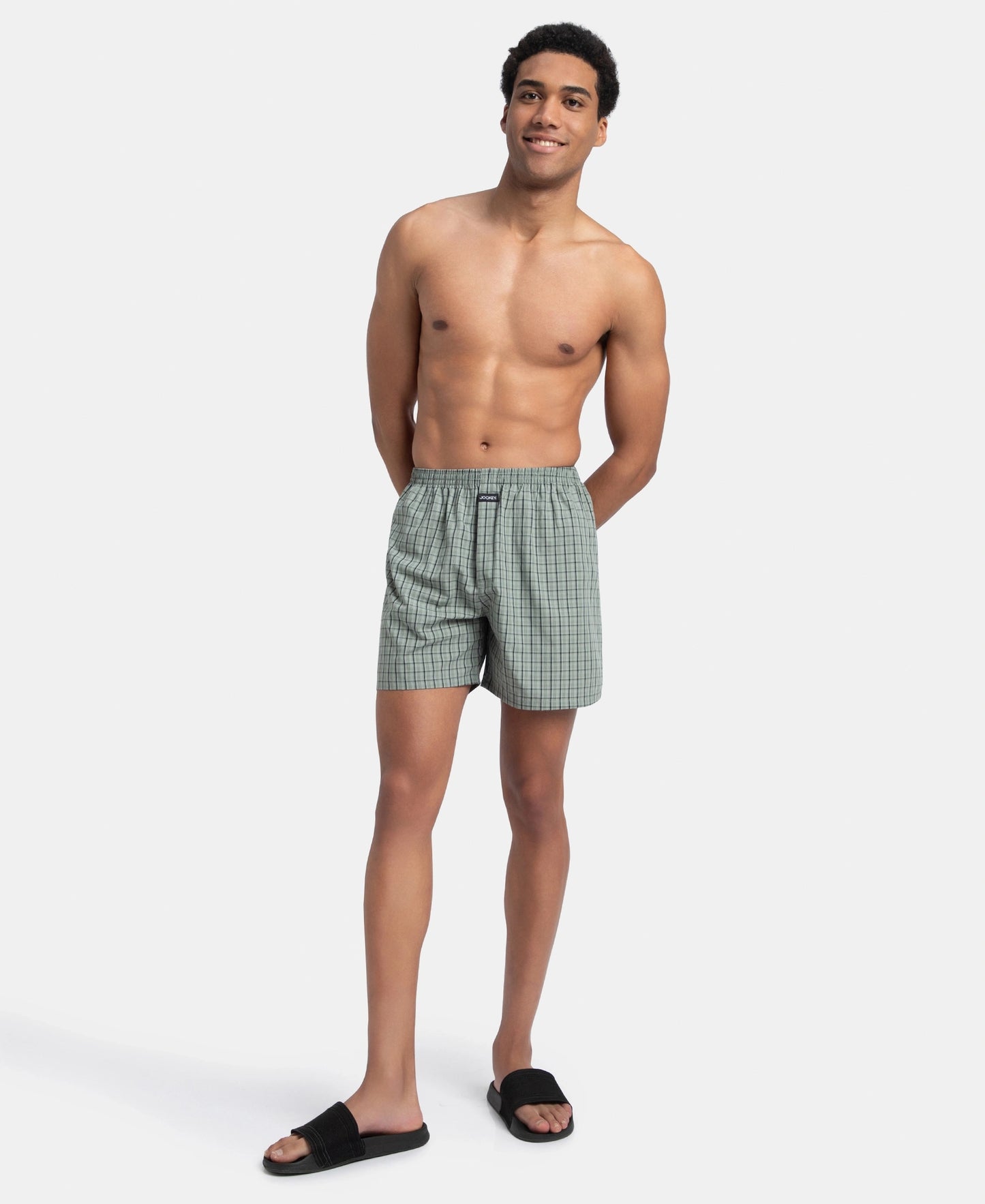 Super Combed Mercerized Cotton Woven Checkered Boxer Shorts with Back Pocket - Black & Slate (Pack of 2)