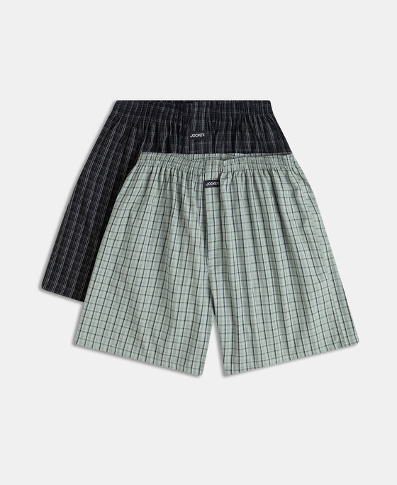 Super Combed Mercerized Cotton Woven Checkered Boxer Shorts with Back Pocket - Black & Slate (Pack of 2)