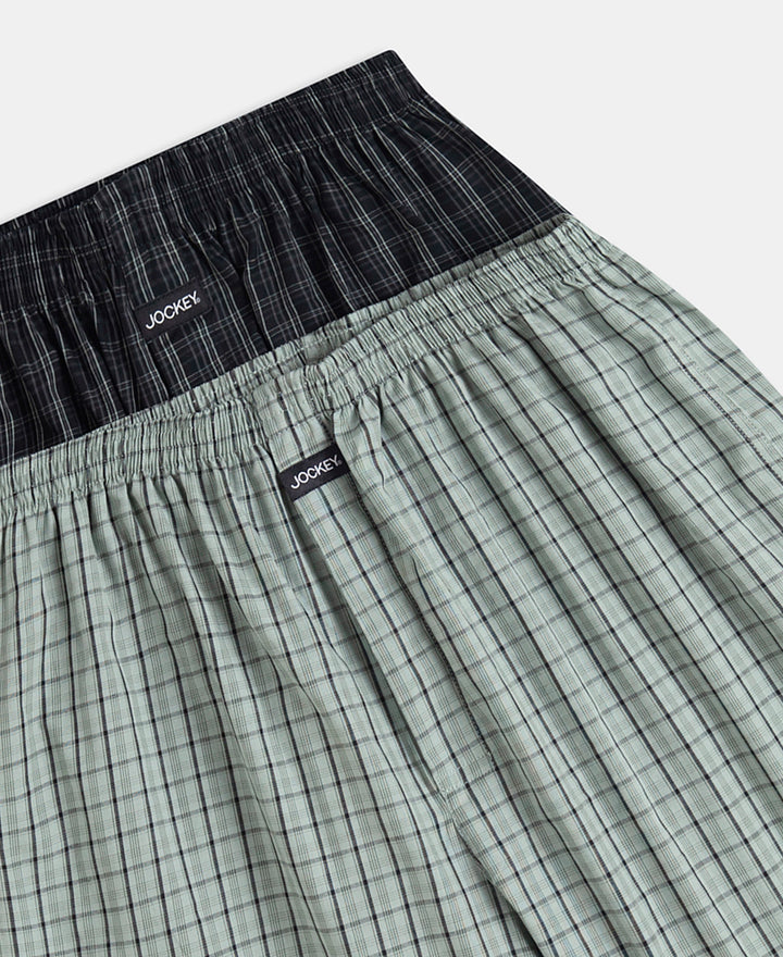 Super Combed Mercerized Cotton Woven Checkered Boxer Shorts with Back Pocket - Black & Slate (Pack of 2)