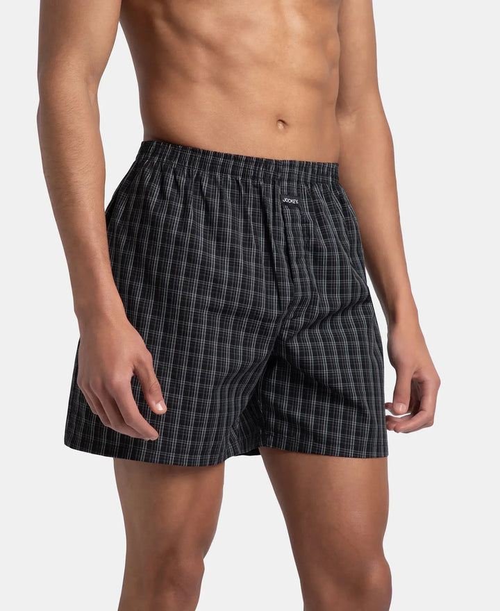 Super Combed Mercerized Cotton Woven Checkered Boxer Shorts with Back Pocket - Black & Slate (Pack of 2)