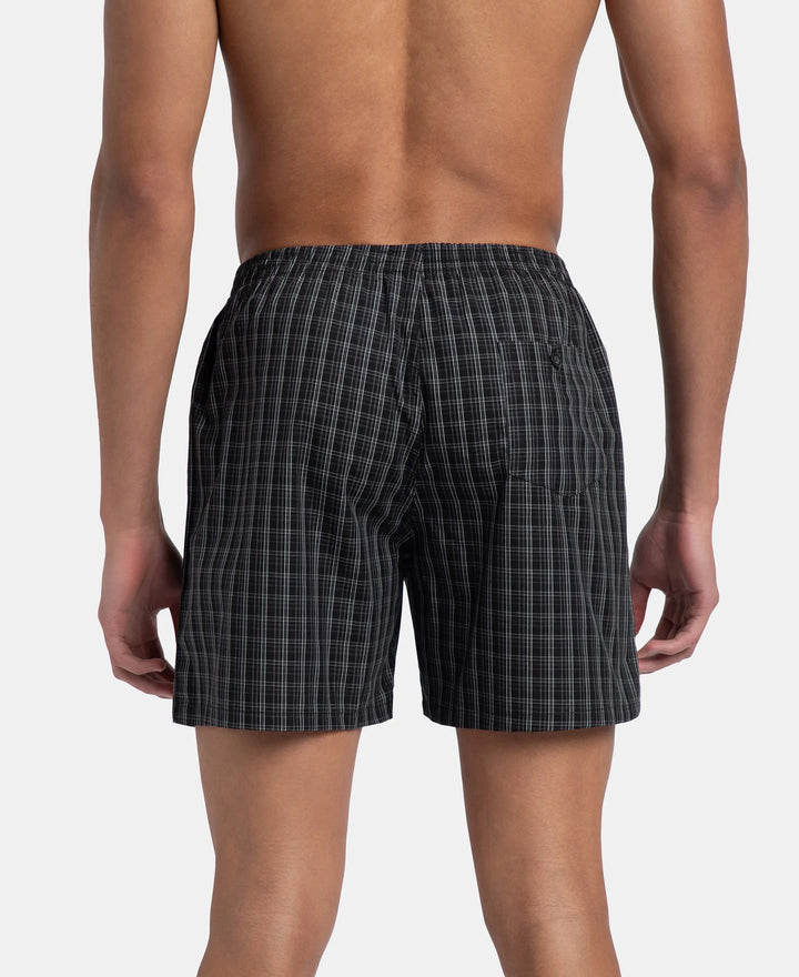 Super Combed Mercerized Cotton Woven Checkered Boxer Shorts with Back Pocket - Black & Slate (Pack of 2)