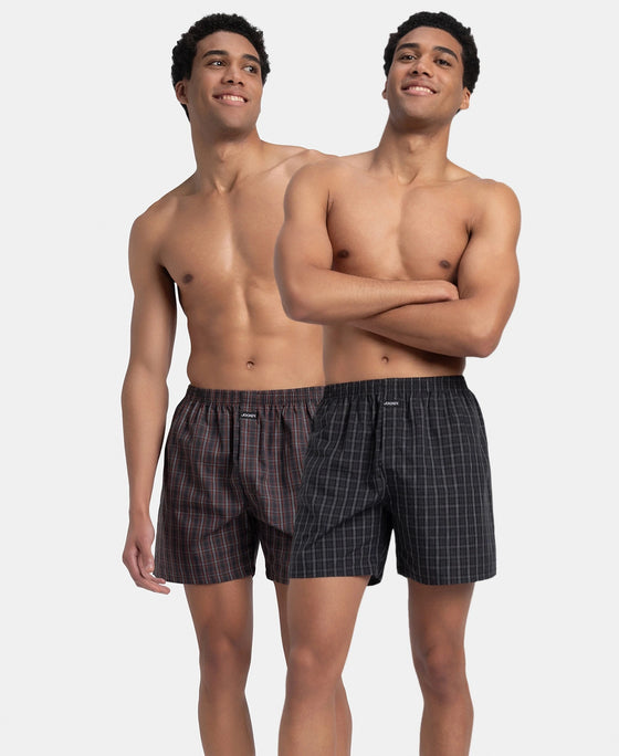 Super Combed Mercerized Cotton Woven Checkered Boxer Shorts with Back Pocket - Grey & Black (Pack of 2)