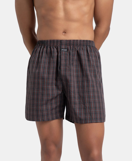 Super Combed Mercerized Cotton Woven Checkered Boxer Shorts with Back Pocket - Grey & Black (Pack of 2)