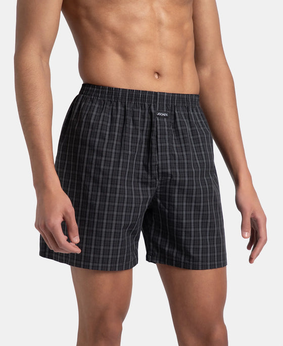 Super Combed Mercerized Cotton Woven Checkered Boxer Shorts with Back Pocket - Grey & Black (Pack of 2)