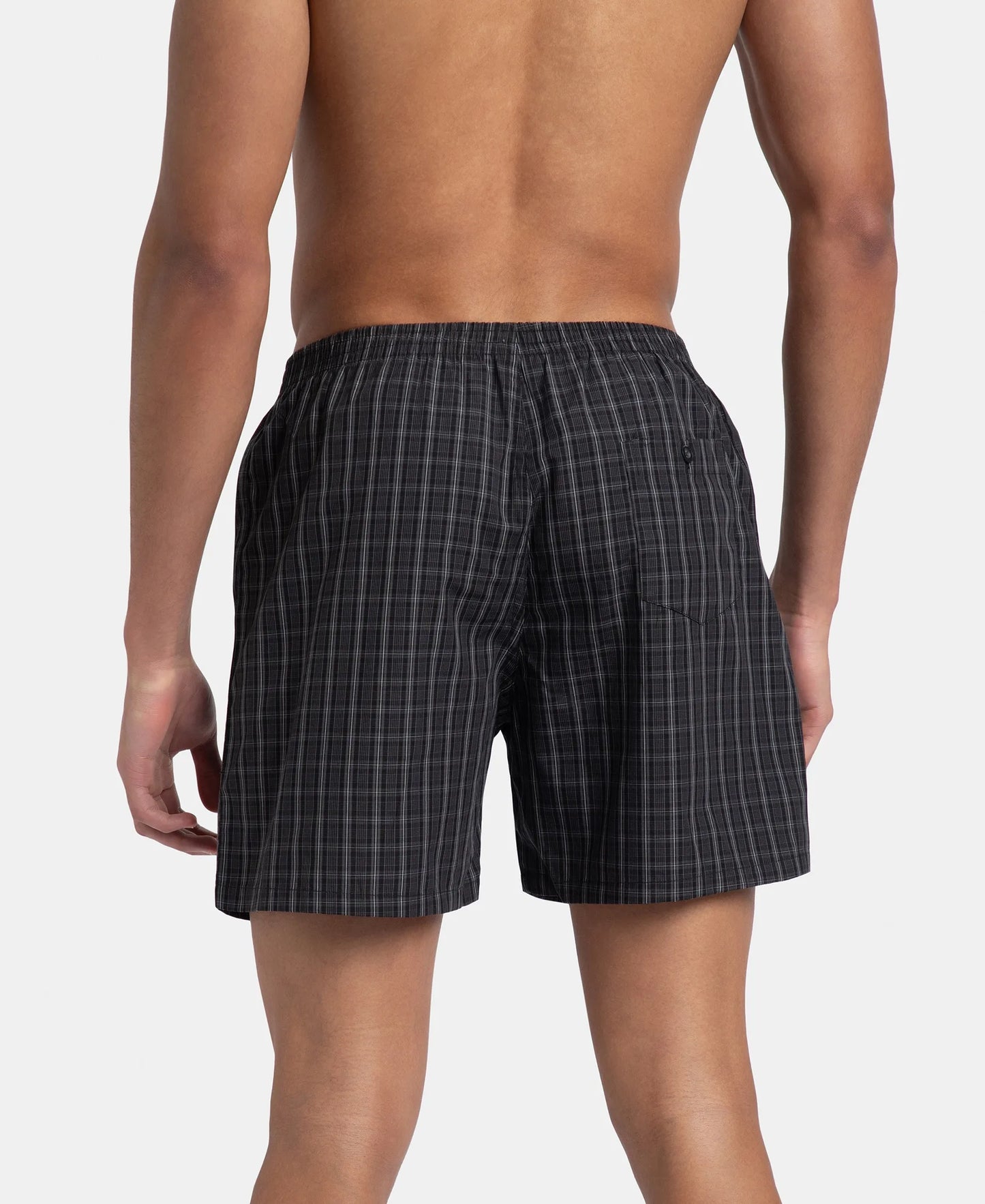 Super Combed Mercerized Cotton Woven Checkered Boxer Shorts with Back Pocket - Grey & Black (Pack of 2)