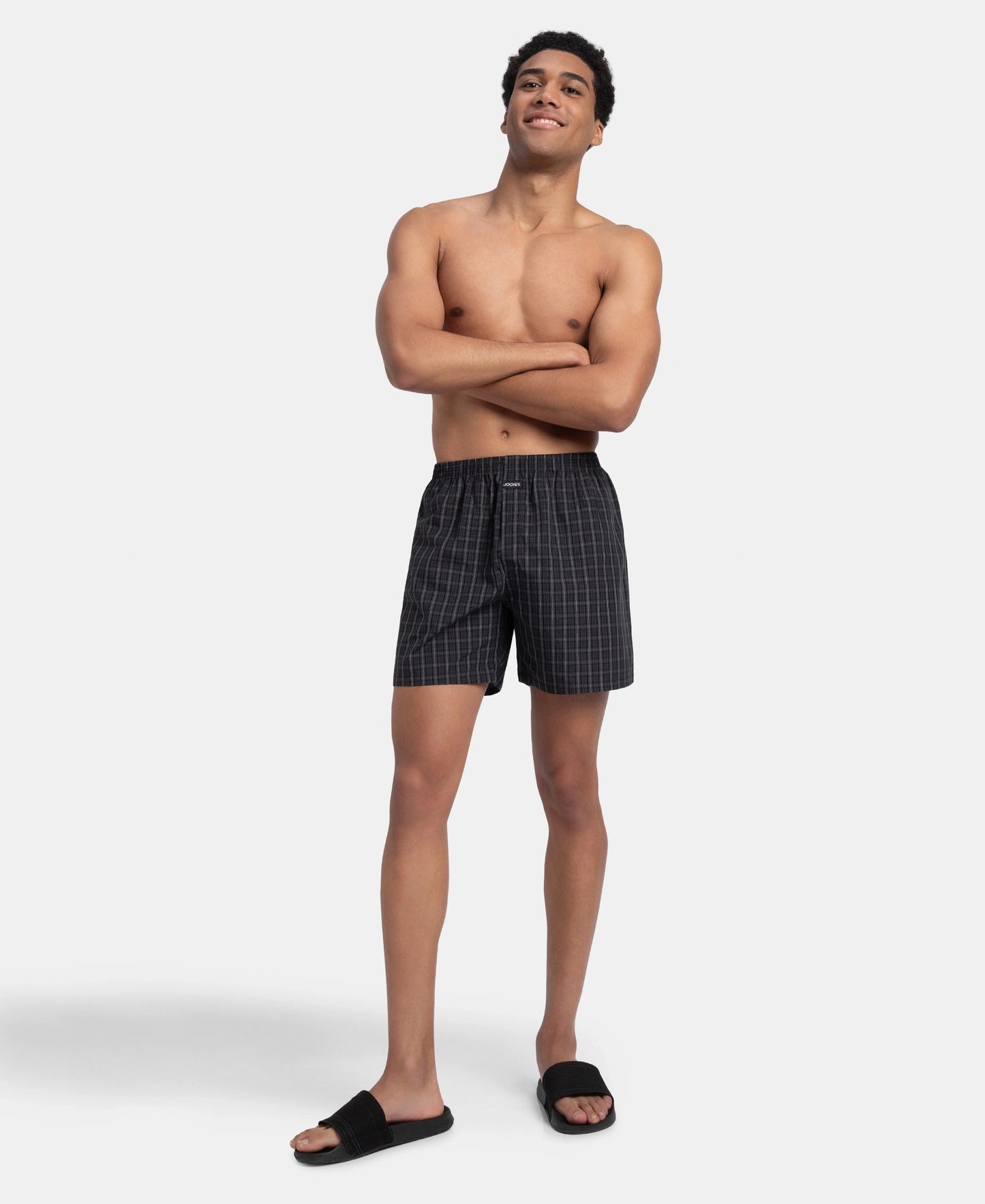 Super Combed Mercerized Cotton Woven Checkered Boxer Shorts with Back Pocket - Grey & Black (Pack of 2)