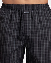 Super Combed Mercerized Cotton Woven Checkered Boxer Shorts with Back Pocket - Grey & Black (Pack of 2)