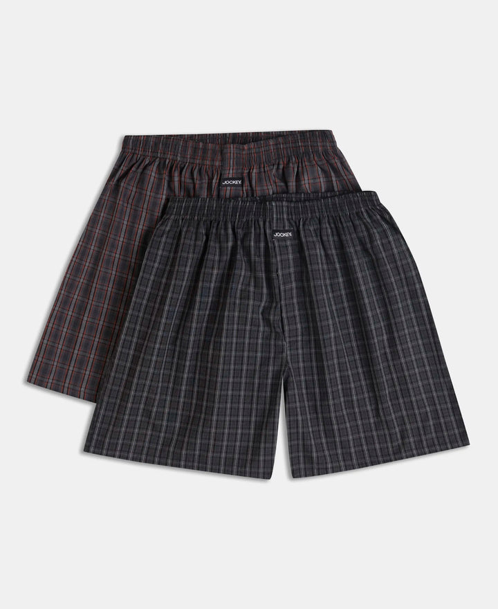 Super Combed Mercerized Cotton Woven Checkered Boxer Shorts with Back Pocket - Grey & Black (Pack of 2)