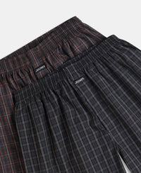 Super Combed Mercerized Cotton Woven Checkered Boxer Shorts with Back Pocket - Grey & Black (Pack of 2)