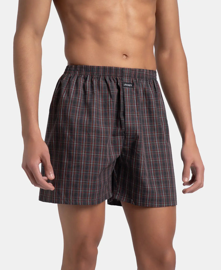 Super Combed Mercerized Cotton Woven Checkered Boxer Shorts with Back Pocket - Grey & Black (Pack of 2)