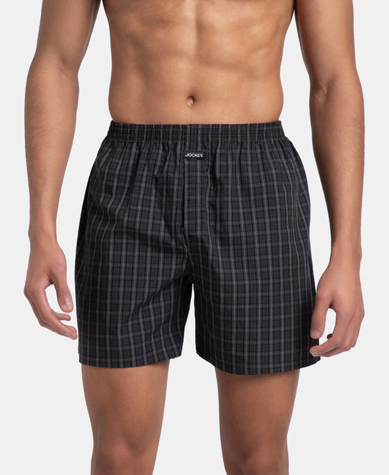 Super Combed Mercerized Cotton Woven Checkered Boxer Shorts with Back Pocket - Grey & Black (Pack of 2)