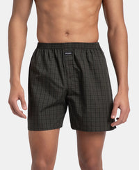 Super Combed Mercerized Cotton Woven Checkered Boxer Shorts with Back Pocket - Grey & Deep Olive (Pack of 2)