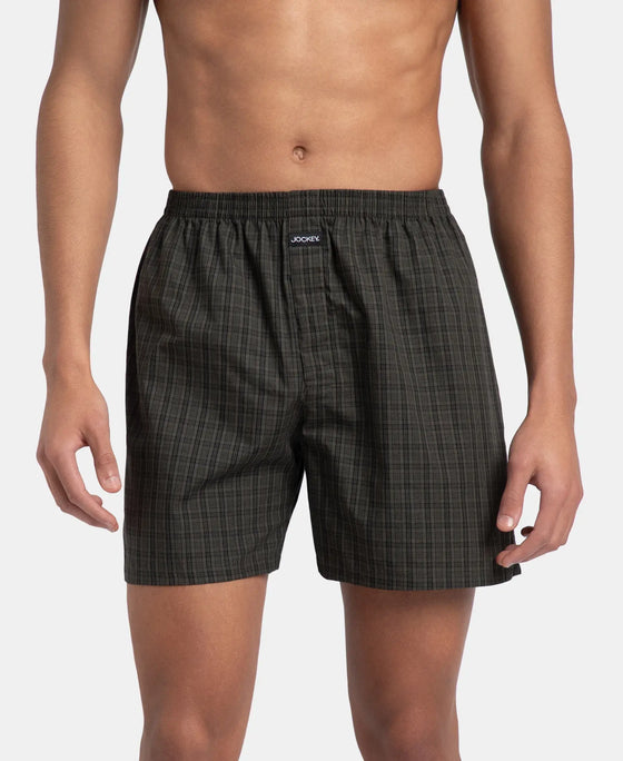 Super Combed Mercerized Cotton Woven Checkered Boxer Shorts with Back Pocket - Grey & Deep Olive (Pack of 2)