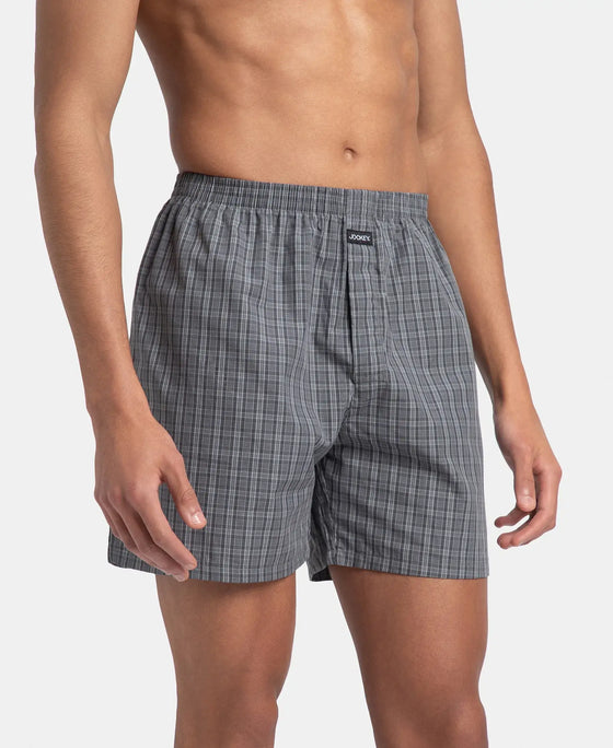 Super Combed Mercerized Cotton Woven Checkered Boxer Shorts with Back Pocket - Grey & Deep Olive (Pack of 2)