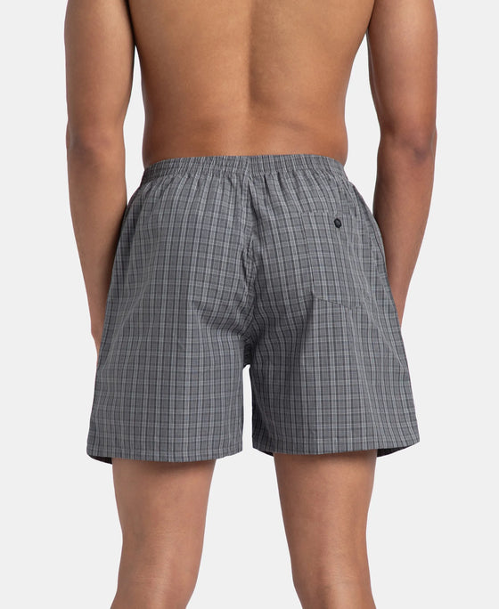 Super Combed Mercerized Cotton Woven Checkered Boxer Shorts with Back Pocket - Grey & Deep Olive (Pack of 2)