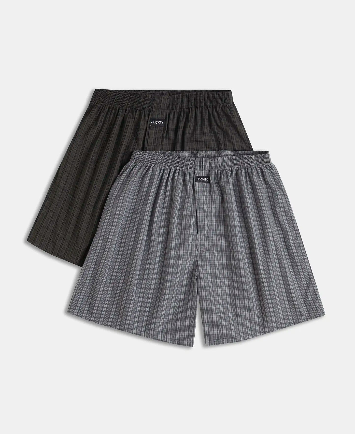 Super Combed Mercerized Cotton Woven Checkered Boxer Shorts with Back Pocket - Grey & Deep Olive (Pack of 2)