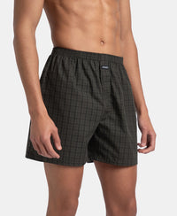 Super Combed Mercerized Cotton Woven Checkered Boxer Shorts with Back Pocket - Grey & Deep Olive (Pack of 2)