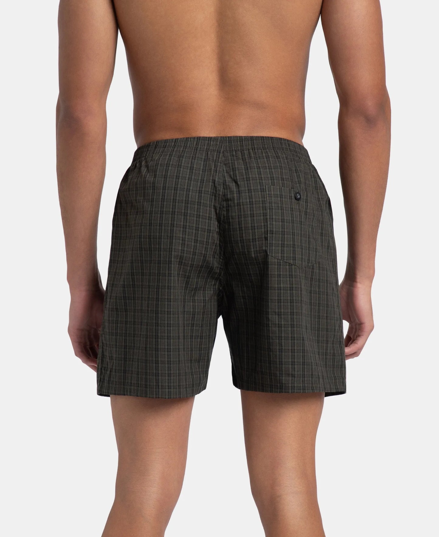 Super Combed Mercerized Cotton Woven Checkered Boxer Shorts with Back Pocket - Grey & Deep Olive (Pack of 2)