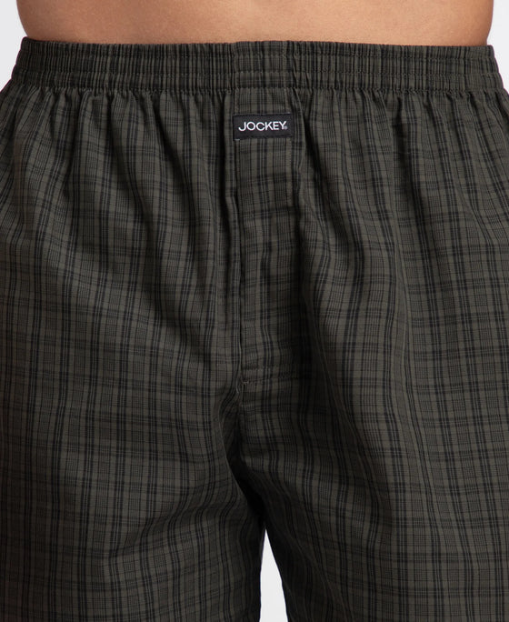 Super Combed Mercerized Cotton Woven Checkered Boxer Shorts with Back Pocket - Grey & Deep Olive (Pack of 2)