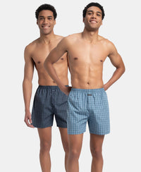 Super Combed Mercerized Cotton Woven Checkered Boxer Shorts with Back Pocket - Navy & Blue Shadow (Pack of 2)