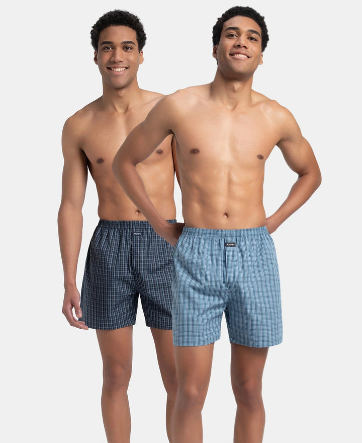 Super Combed Mercerized Cotton Woven Checkered Boxer Shorts with Back Pocket - Navy & Blue Shadow (Pack of 2)