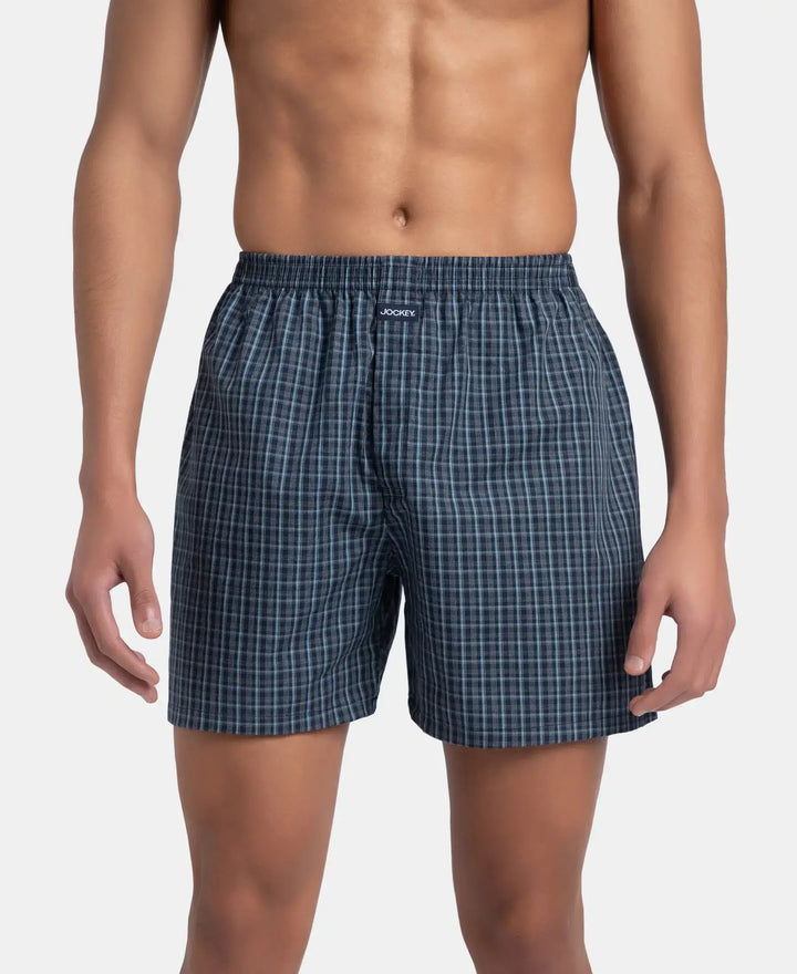 Super Combed Mercerized Cotton Woven Checkered Boxer Shorts with Back Pocket - Navy & Blue Shadow (Pack of 2)