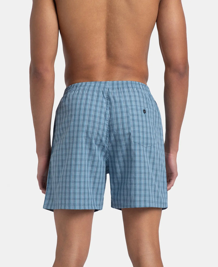 Super Combed Mercerized Cotton Woven Checkered Boxer Shorts with Back Pocket - Navy & Blue Shadow (Pack of 2)