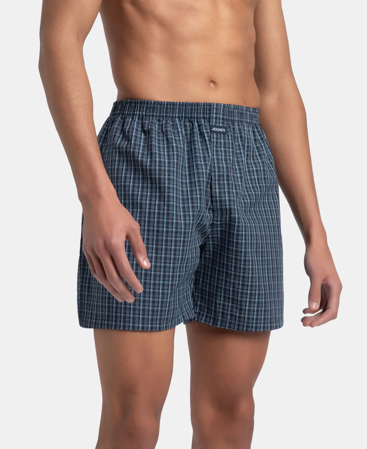 Super Combed Mercerized Cotton Woven Checkered Boxer Shorts with Back Pocket - Navy & Blue Shadow (Pack of 2)