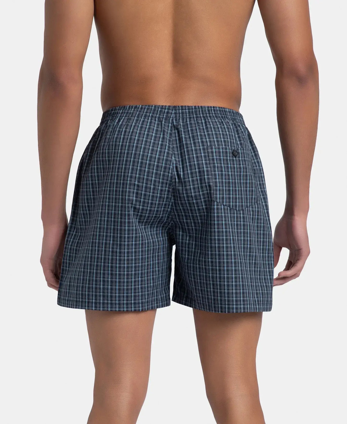 Super Combed Mercerized Cotton Woven Checkered Boxer Shorts with Back Pocket - Navy & Blue Shadow (Pack of 2)