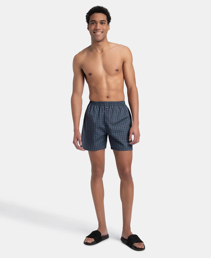 Super Combed Mercerized Cotton Woven Checkered Boxer Shorts with Back Pocket - Navy & Blue Shadow (Pack of 2)