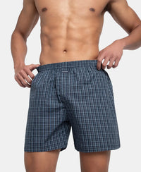 Super Combed Mercerized Cotton Woven Checkered Boxer Shorts with Back Pocket - Navy & Blue Shadow (Pack of 2)