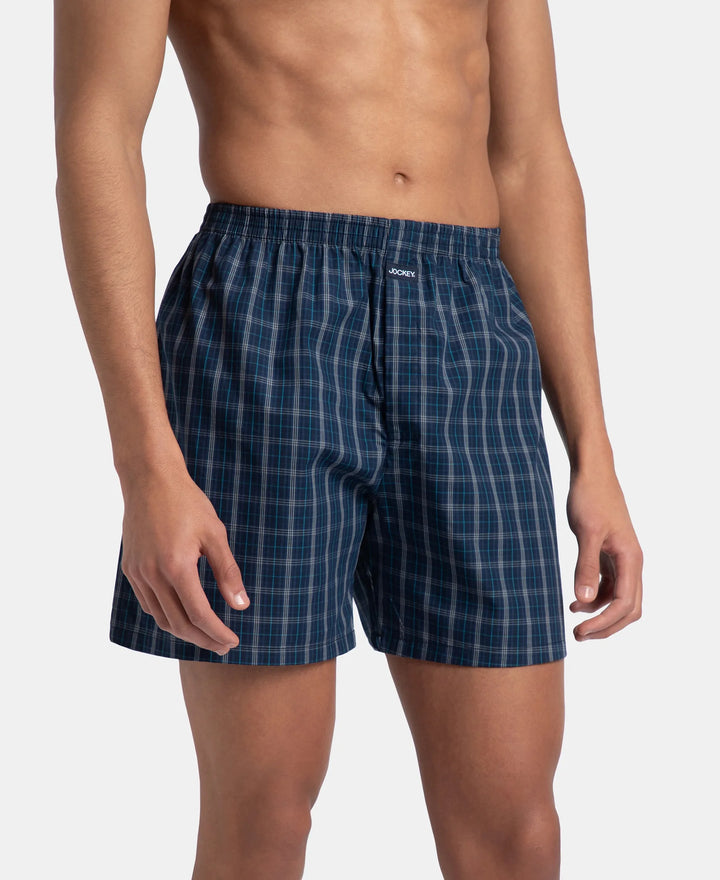 Super Combed Mercerized Cotton Woven Checkered Boxer Shorts with Back Pocket - Navy & Seaport Teal (Pack of 2)