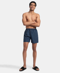 Super Combed Mercerized Cotton Woven Checkered Boxer Shorts with Back Pocket - Navy & Seaport Teal (Pack of 2)