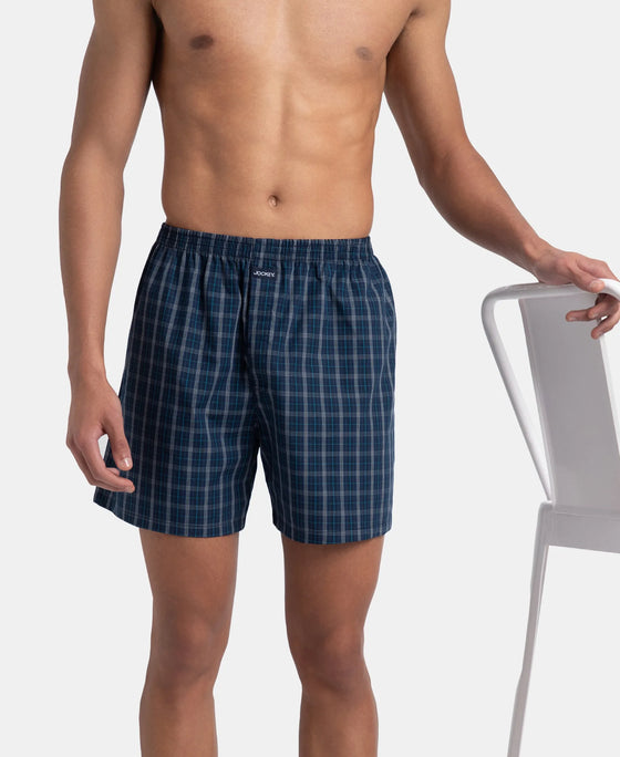 Super Combed Mercerized Cotton Woven Checkered Boxer Shorts with Back Pocket - Navy & Seaport Teal (Pack of 2)