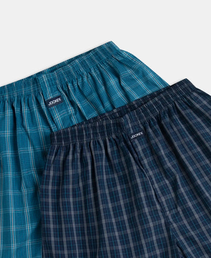 Super Combed Mercerized Cotton Woven Checkered Boxer Shorts with Back Pocket - Navy & Seaport Teal (Pack of 2)