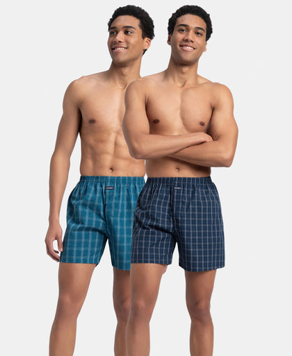 Super Combed Mercerized Cotton Woven Checkered Boxer Shorts with Back Pocket - Navy & Seaport Teal (Pack of 2)