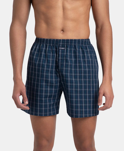 Super Combed Mercerized Cotton Woven Checkered Boxer Shorts with Back Pocket - Navy & Seaport Teal (Pack of 2)