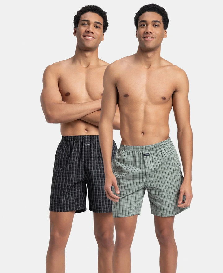 Super Combed Mercerized Cotton Woven Checkered Boxer Shorts with Side Pocket - Black & Slate (Pack of 2)