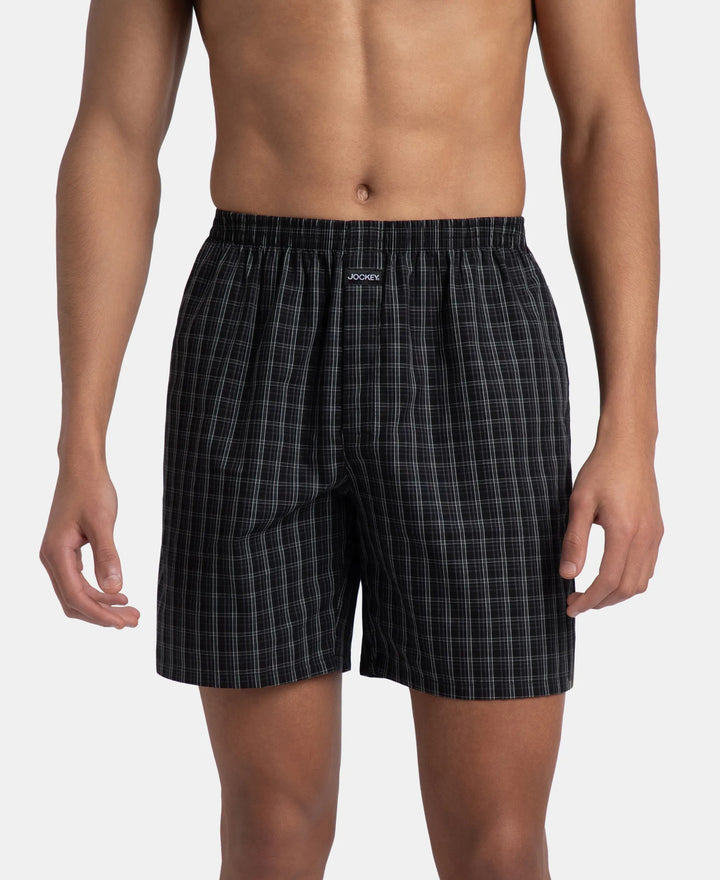 Super Combed Mercerized Cotton Woven Checkered Boxer Shorts with Side Pocket - Black & Slate (Pack of 2)