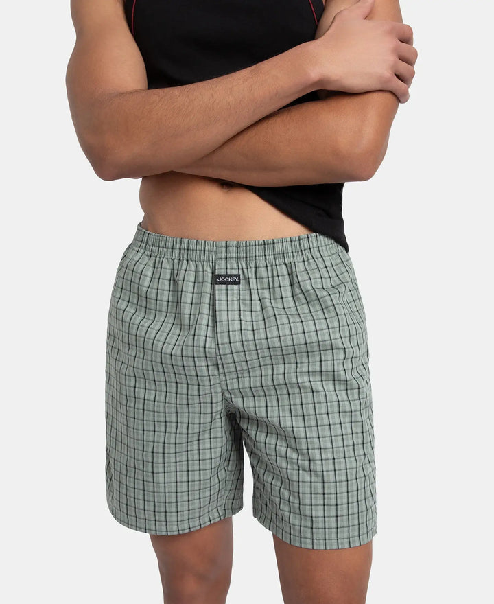 Super Combed Mercerized Cotton Woven Checkered Boxer Shorts with Side Pocket - Black & Slate (Pack of 2)