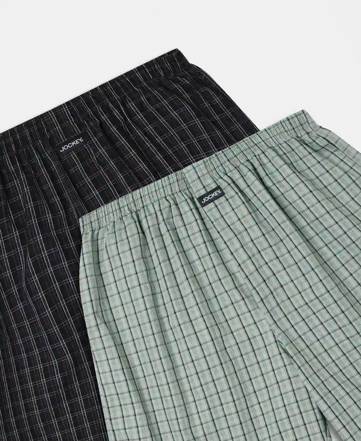 Super Combed Mercerized Cotton Woven Checkered Boxer Shorts with Side Pocket - Black & Slate (Pack of 2)