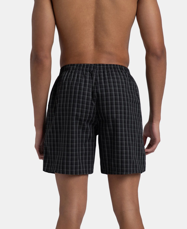 Super Combed Mercerized Cotton Woven Checkered Boxer Shorts with Side Pocket - Black & Slate (Pack of 2)